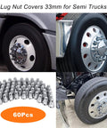 33mm Push On Lug Nut Covers 60 Pack For Truck Wheels displayed on semi truck chrome rims and as a set of 60 caps.