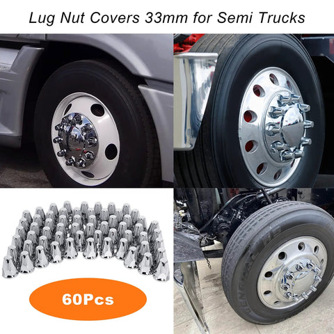 33mm Push On Lug Nut Covers 60 Pack For Truck Wheels displayed on semi truck chrome rims and as a set of 60 caps.