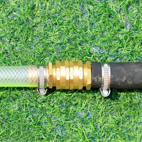 Heavy Duty Solid Brass Garden Hose Fittings Set With Double Female Couplers, Three Quarter GHT Female Threads, shown connecting hoses