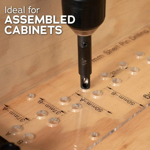 Close-up of Dual Sided Shelf Pin Jig with One Quarter Inch and Five Millimeter Self Centering Drill Bits on cabinet