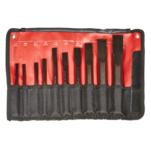 Beefy Cold Chisel Set Made In USA With Black Oxide Finish 10 Piece Includes 1/4 9/32 5/16 3/8 7/16 1/2 5/8 3/4 7/8 1 Inch Great For Metal Shaping And Cutting displayed in roll-up pouch