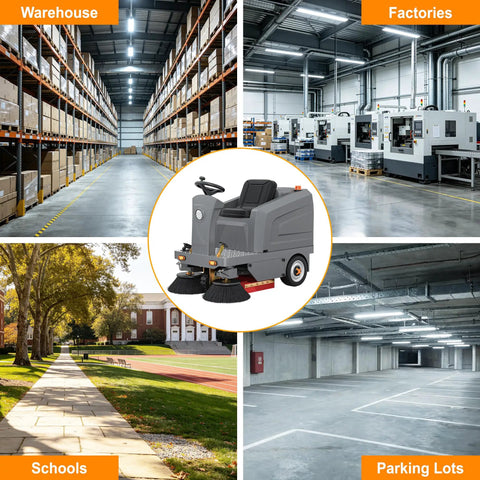 51 Inch Ride On Commercial Floor Sweeper With 27 Gallon Hopper And Powerful 800W Motor. This Big Duty Machine Boasts A Wide Path For Fast Cleaning In Warehouses And Factories. Get Ready To Sweep Up Messes Like A Boss With This Pro Grade Equipment.