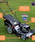 Self Propelled Lawn Mower With 150cc Briggs And Stratton Engine ReadyStart 22 Inch Steel Deck 3 In 1 Mulch Bag Side Discharge Or Rear Bag 12 Inch High Rear Wheels Solid Traction For Flat Or Sloped Lawns, foldable handle