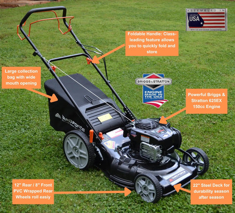 Self Propelled Lawn Mower With 150cc Briggs And Stratton Engine ReadyStart 22 Inch Steel Deck 3 In 1 Mulch Bag Side Discharge Or Rear Bag 12 Inch High Rear Wheels Solid Traction For Flat Or Sloped Lawns, foldable handle