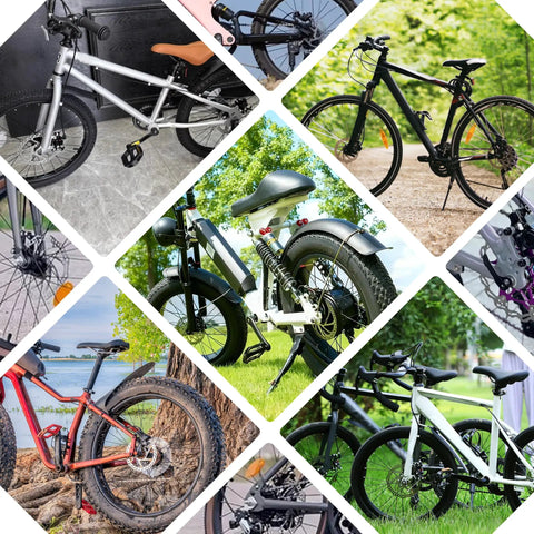 Collage of bicycles showcasing Post Mount Disc Brake Caliper Adapter Kit for Front 180mm and Rear 160mm Rotors Pro Grade Aluminum Alloy Includes Adapter 4 Mounting Screws 6 Spacers 1 Wrench Easy Install Not Universal Premium Quality fitted on various frames