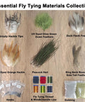 Essential Fly Tying Materials Collection featuring feathers, hooks, and threads for crafting custom flies with Top Shelf Rotary Fly Tying Vise.
