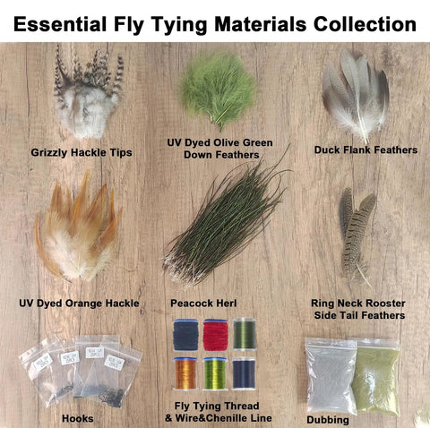 Essential Fly Tying Materials Collection featuring feathers, hooks, and threads for crafting custom flies with Top Shelf Rotary Fly Tying Vise.
