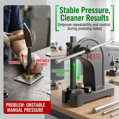 Heavy Duty Manual Arbor Press 3 Ton Desktop Punch Machine Cast Iron Hand Press demonstrating stable pressure during metal pressing tasks.