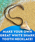Shark Tooth Dig Kit Excavate Replica Fossils with shark tooth necklace on sand, educational STEM kit for kids ages 6 to 8.