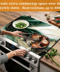 Green Gold Marble Stovetop Cover For Glass Cooktops, Heat Resistant Flat Top Mat 28 X 20 Inch in use on kitchen stove
