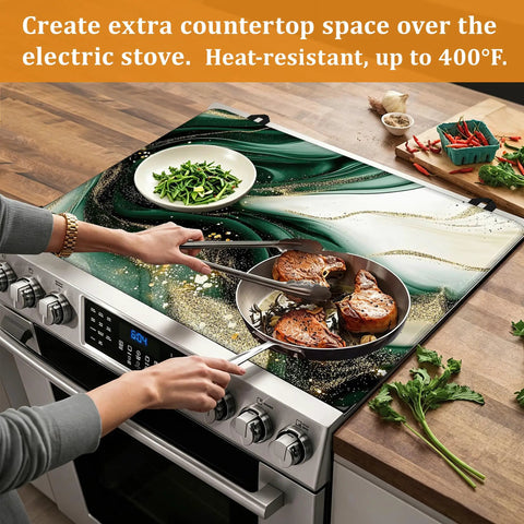 Green Gold Marble Stovetop Cover For Glass Cooktops, Heat Resistant Flat Top Mat 28 X 20 Inch in use on kitchen stove
