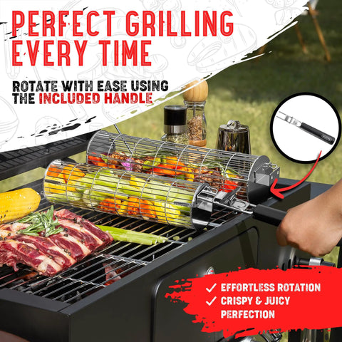 Rolling Grill Basket With Removable Wooden Handle, grilling vegetables on sturdy stainless steel rack with locking mechanism