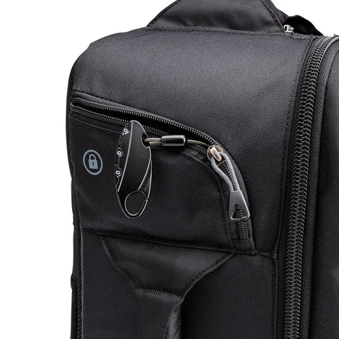 Airport Accelerator Camera Backpack features secure zipper pocket, showing durable black fabric and lock-ready design.