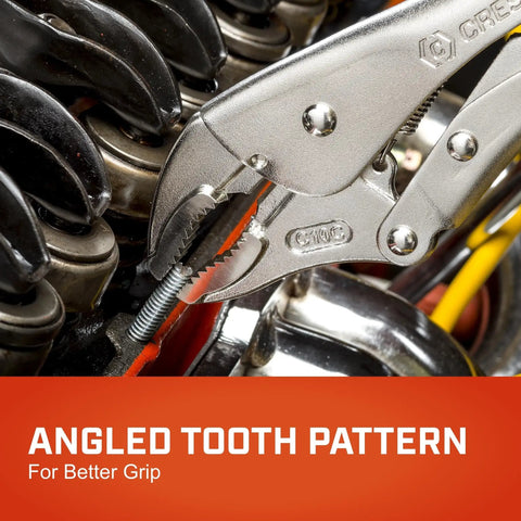 Curved Jaw Locking Pliers With Wire Cutter Set gripping a metal bolt in automotive application