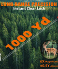 Image showing the rangefinder's 1000 yd capability over a forest with a deer silhouette, emphasizing 6X magnification and precision.