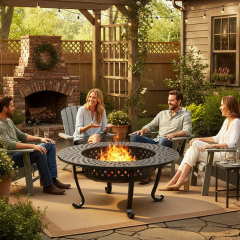 Three In One Extra Large Outdoor Fire Pit Table for Backyard Hangouts with two removable grill plates and fire poker, 43-inch round table in use by group of friends