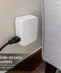 Six Outlet Surge Protector Wall Tap Extender With Side Access, 1500 Joules, 2 Pack, plugged in tight space between wall and furniture