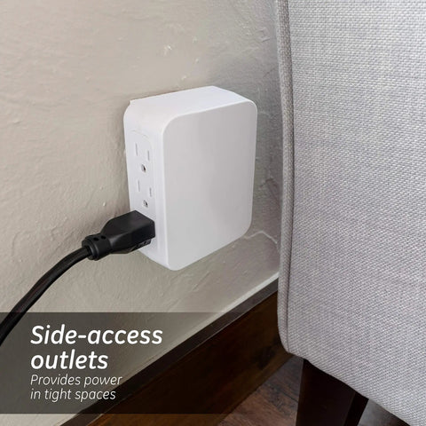 Six Outlet Surge Protector Wall Tap Extender With Side Access, 1500 Joules, 2 Pack, plugged in tight space between wall and furniture