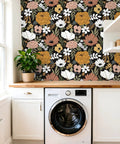 Black Vintage Floral Peel And Stick Wallpaper With Daisy Flowers And Olive Green Leaves For Powder Rooms And Moody Accent Walls Removable Vinyl Contact Paper 17.7in By 32.8ft in a laundry room setting
