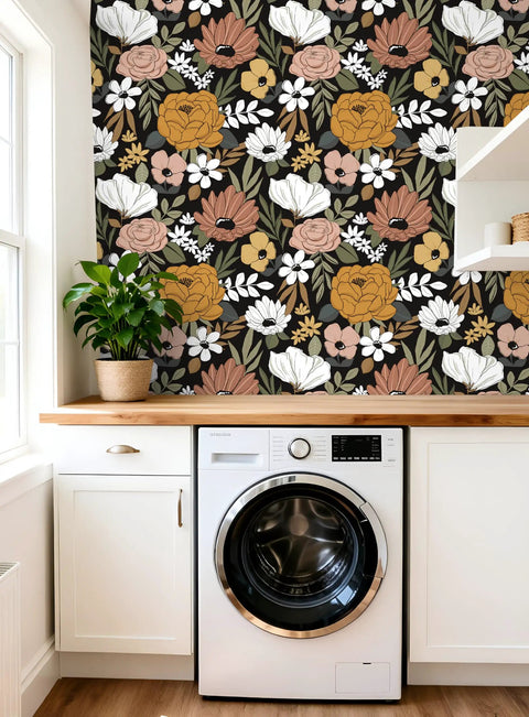 Black Vintage Floral Peel And Stick Wallpaper With Daisy Flowers And Olive Green Leaves For Powder Rooms And Moody Accent Walls Removable Vinyl Contact Paper 17.7in By 32.8ft in a laundry room setting