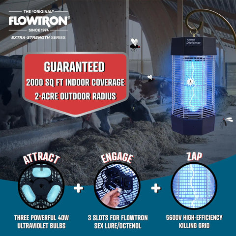 No Nonsense Indoor Outdoor Bug Zapper For Homes And Yards Kills Flies And Mosquitoes With Dual Lure Tech hanging in barn near cows