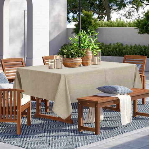Outdoor Tablecloth With Umbrella Hole, Rectangular 60x84 Inches, Linen Look Polyester Patio Table Cover, Natural Color on a patio setup