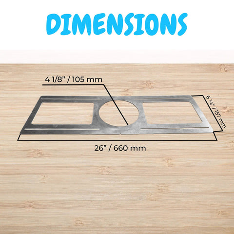 Dimensions of Six Pack New Construction LED Mounting Plate For 4 Inch Downlight Slim Steel Rough In Plate shown on wood surface