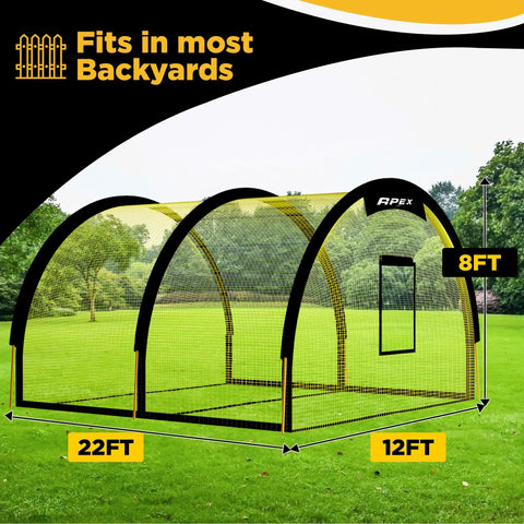 Portable Baseball And Softball Batting Cage With Pitching Machine Hole, 22 Foot By 12 Foot By 8 Foot, 3-Ply Yellow Netting setup