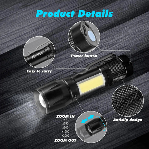 Detailed view of 4 Pack Rechargeable Zoomable Mini Clip On Flashlights With Side COB Light USB C Recharge 500mAh Battery Super Lightweight EDC Lanterns