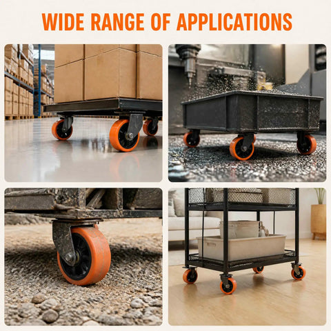 Wide range of applications showing Six Inch Caster Replacement Wheels Four Pack Orange Heavy Duty Polyurethane on various surfaces.