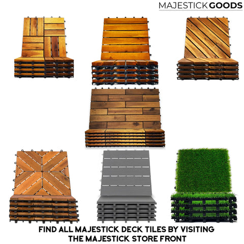 Variety of interlocking deck tiles, including Tool Free Interlocking Artificial Turf Deck Tiles 12x12 Inches Set of 8, on display.