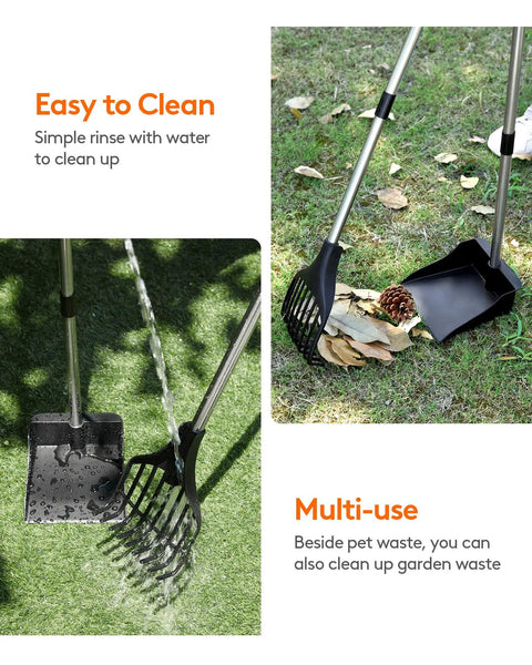 Long Reach Dog Pooper Scooper With Rake And Tray No Bending Cleanup For Medium And Small Dogs, shown with leaves and water
