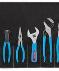 8 Piece Pro Tool Roll Set With Pliers And Adjustable Wrench Includes Straight Jaw Tongue And Groove Pliers Lineman's Pliers Diagonal End Cutting Long Nose Pliers And Cutter Organized Roll For Your Shop displayed.