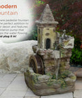 Outdoor Floor Tiered Fairy Castle Waterwheel Fountain With Realistic Stone Look Brown Finish, Includes Internal Pump