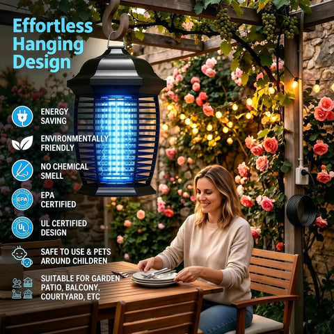 Powerful 20W 4200V Electric Bug Zapper For Indoor Outdoor Use With IPX4 Waterproof Design And 6 Foot Cord hanging outdoors