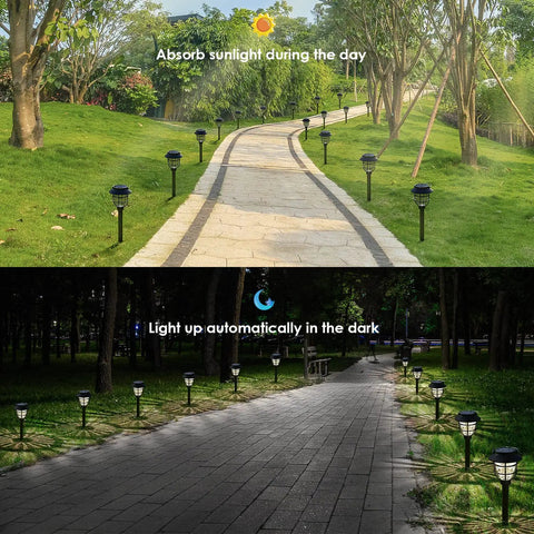 Bright Solar Pathway Lights Outdoor 10 Pack With Warm White LED Auto On Off Waterproof Garden Path Lights illuminating pathway