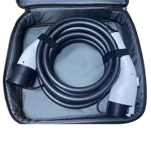Heavy Duty Type Two To Type One EV Charging Cable Sixteen Feet Long SAE J1772 Adapter coiled in storage case.