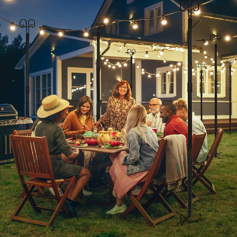 Heavy Duty Outdoor String Light Poles 2 Pack, 9.3 Ft Tall Adjustable Metal Stands With Hooks For Hanging String Lights, Rust Resistant Coating For Weatherproof Backyard Garden Patio Parties And Weddings