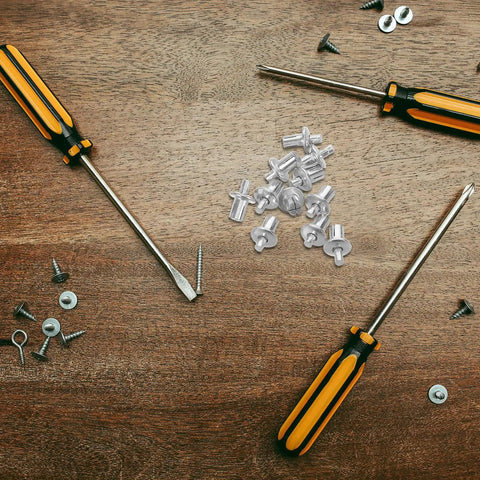 Aluminum Blind Rivets Kit 200 Piece With Dome Drive Heads surrounded by screwdrivers on wooden workshop table