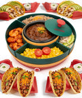 Lazy Susan Taco Bar Set with lids, four rotating taco holders, warming pot for queso, red color, tacos and toppings visible