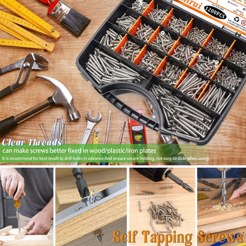 All In One 1200 Pc Stainless Steel Wood And Sheet Metal Screws Set M3 M4 M5 M6 Phillips Drive Flat And Pan Head Self Tapping Marine Grade 304 From One Quarter Inch To Two Inches Length, shown in compartments with woodworking tools.