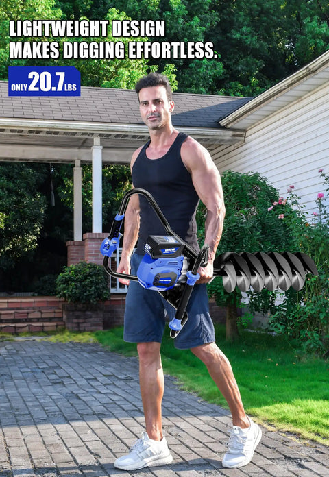 Man holding 40V Brushless Cordless Earth Auger With 8 Inch Auger Bit For Fence Posts Battery And Charger Included Dig Holes Fast In The Yard With Multiple Speeds And Reverse To Make Post Holes A Breeze