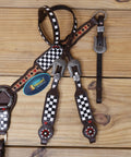 Top Shelf Western Leather Headstall And Breast Collar Tack Set With Lucky Dice Tooling Antique Copper Hardware And Checkyard Patterns Built For Any Arena Run, detailed harness with checkered pattern.