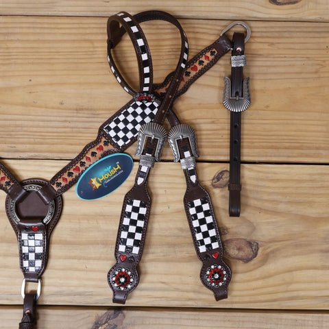 Top Shelf Western Leather Headstall And Breast Collar Tack Set With Lucky Dice Tooling Antique Copper Hardware And Checkyard Patterns Built For Any Arena Run, detailed harness with checkered pattern.
