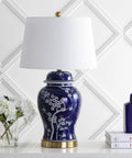 Traditional Ceramic Ginger Jar Table Lamp in White and Navy with White Linen Shade, 29.5 Inch Tall, LED Bulb, ETL Listed