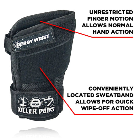 Slide On Derby Wrist Guards For Roller Derby with unrestricted finger motion and sweatband for quick wipe