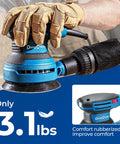 Zero Drama 5 Inch Random Orbital Sander That Delivers Heavy Hitter Power For Rapid Woodworking And Metal Polishing Tasks, 3.1 lbs, rubberized grip.