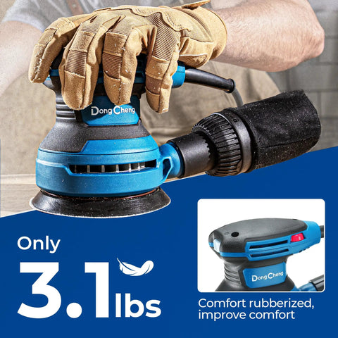 Zero Drama 5 Inch Random Orbital Sander That Delivers Heavy Hitter Power For Rapid Woodworking And Metal Polishing Tasks, 3.1 lbs, rubberized grip.