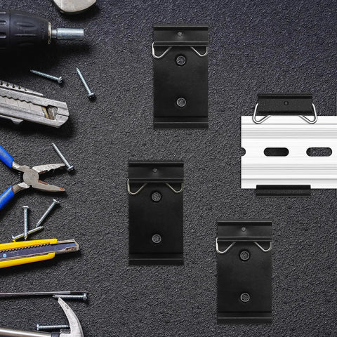 12 Pack Din Rail Mounting Clips One Point Oh Eight Inch Wide Snap In Universal Black Aluminum Alloy Relay Clips for 35mm Din Rail Switches and Injectors Durable Easy Install Great for Electrical Panels and Enclosures displayed with tools and a rail