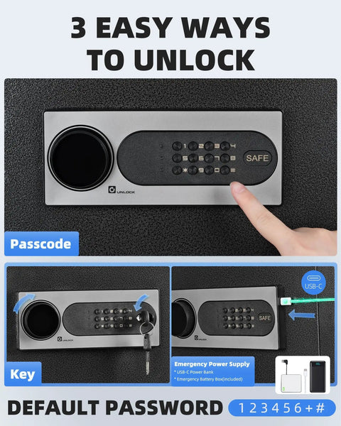 3.0 Cubic Feet Home Safe Box Built Tough With Fireproof Waterproof Bag Digital Keypad Dual Alarm System, unlock methods displayed: passcode, key, emergency power.